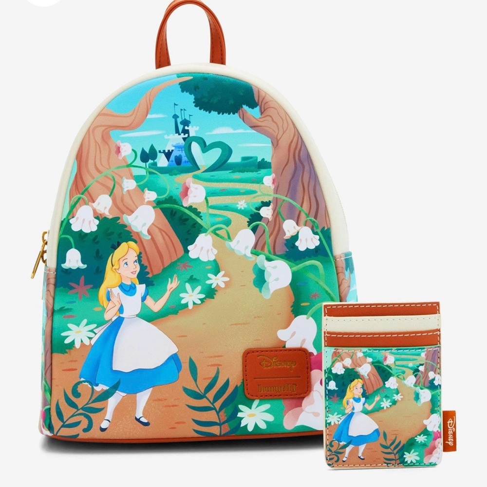 Loungefly Set: Alice In Wonderland Backpack + Matching Cardholder. NWT.